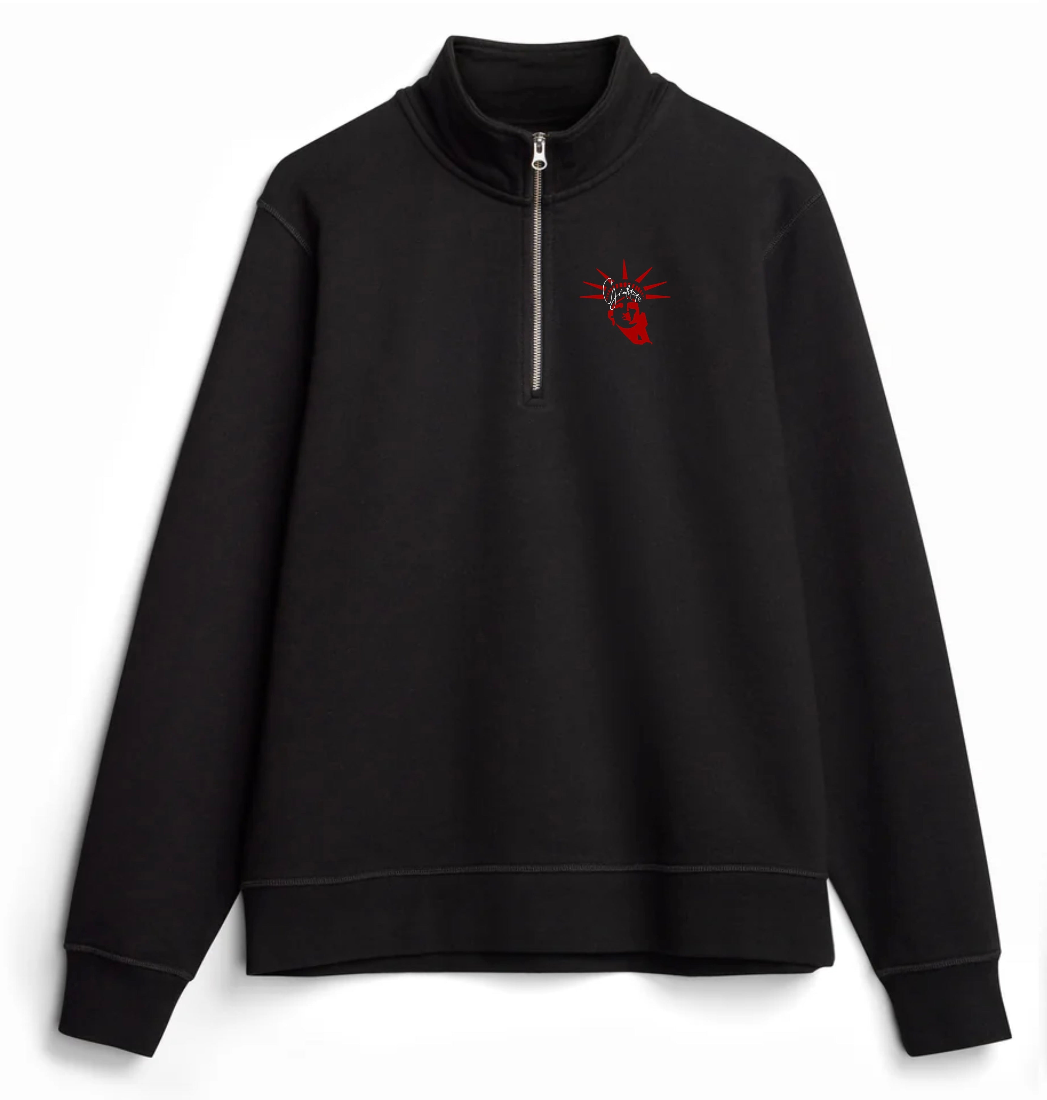 Black half-zip sweatshirt with a small red and white logo on a white background