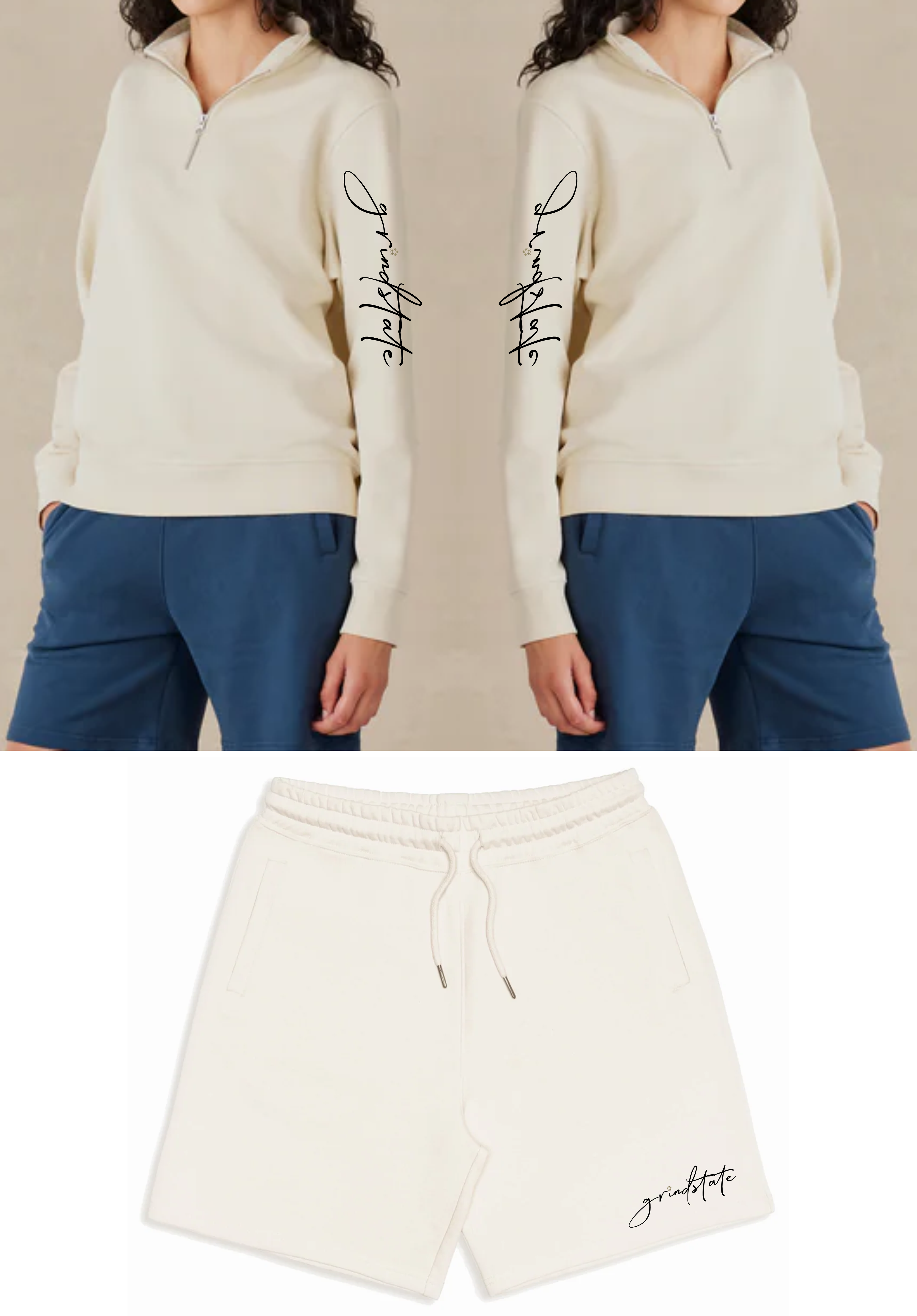 Two views of a person wearing a cream hoodie and blue pants with 'Gucci' branding, followed by a close-up of cream shorts with 'Gucci' branding.